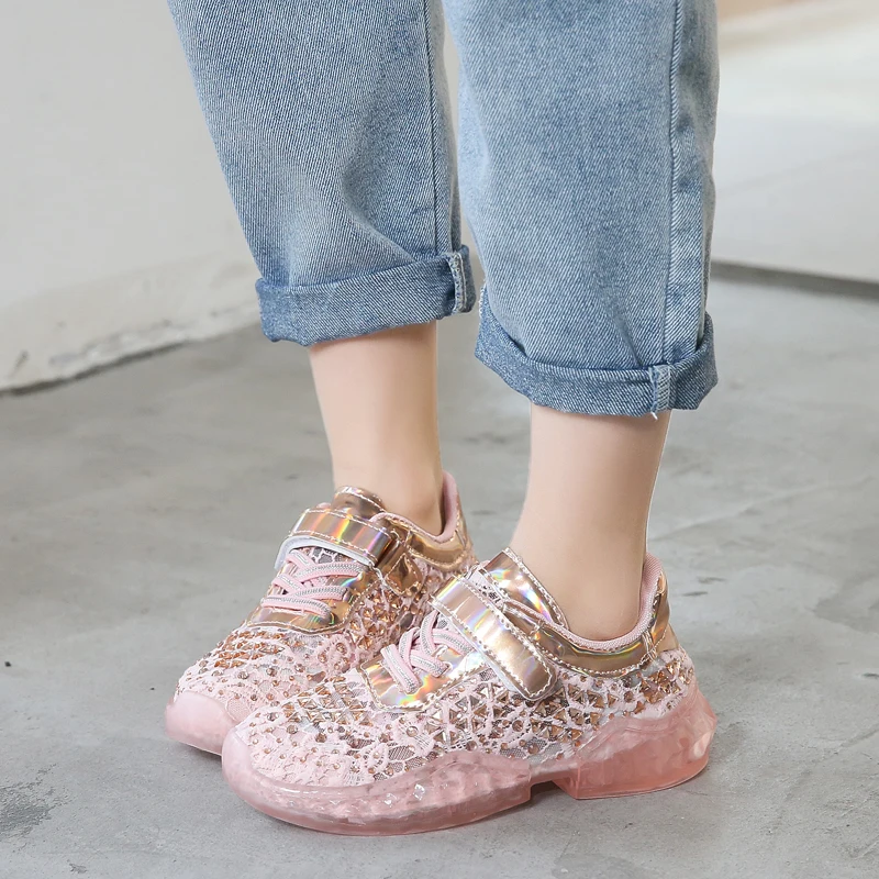 CUZULLAA Spring Summer Girls Breathable Lace Fashion Sneakers Shoes Kids Rhinestone Non-Slip Rubber Sole Sports Size 26-36 | Детская