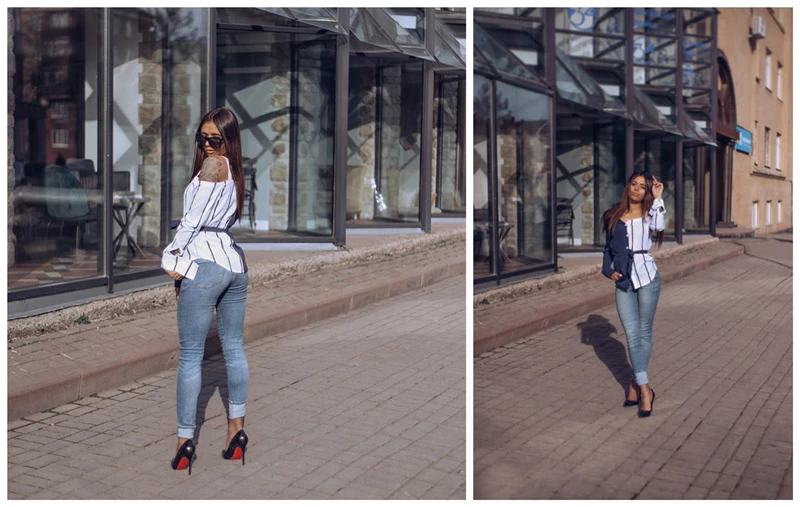 Sheinside темно-синяя полосатая блузка с открытыми плечами, рубашка с длинным рукавом, женские топы, модные Асимметричные женские блузки с поясом на шее