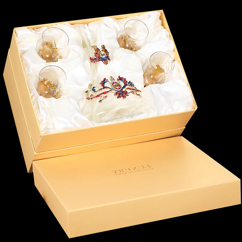 1set 4cups Высококачественный Эмаль Красное вино стеклянная чашка Графин Набор Кубок стеклянные чашки хрустальные бокалы под шампанское на свадьбу подарок с подарочной коробкой 350 мл - Цвет: 1set 4cups