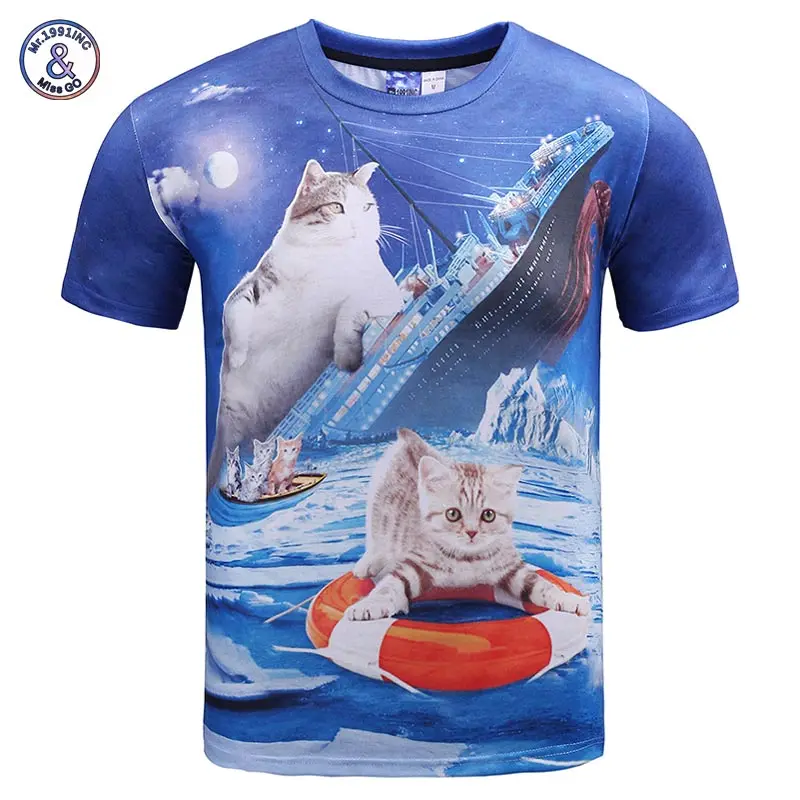 2017 Mr.1991INC New Fashion men/women t-shirt 3d funny print Titanic big cat and iceberg summer tops tees t shirt plus size XXXL | Мужская