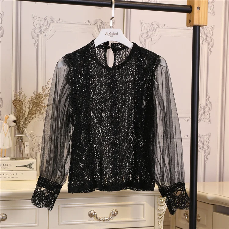 Korobov Корейская кружевная блузка с воротником-стойкой длинным рукавом женские