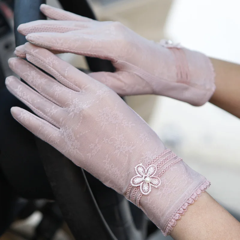 Pink Сексуальные весенние летние женские осенние короткие солнцезащитные перчатки с УФ-защитой от солнца, модные шелковые кружевные перчатки для вождения, тонкие перчатки для сенсорного экрана G06F - Цвет: Pink