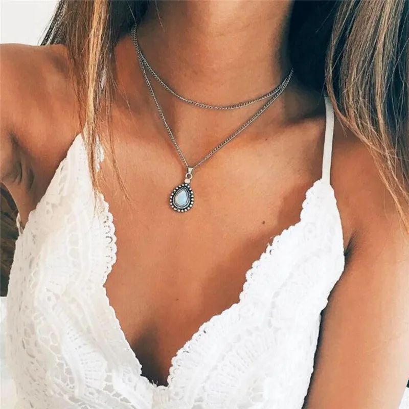 

Vintage Silver Color Drop Stone Pendant Necklace Women Girl Jewelry Gifts