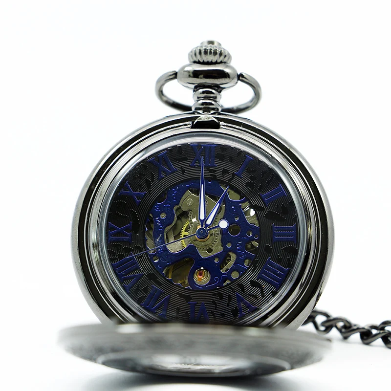 Classic Black Automatic Winding Roman Numerals Mechanical Pocket Watch Antique Steampunk Hollow with Chain Pendant Men's Clock