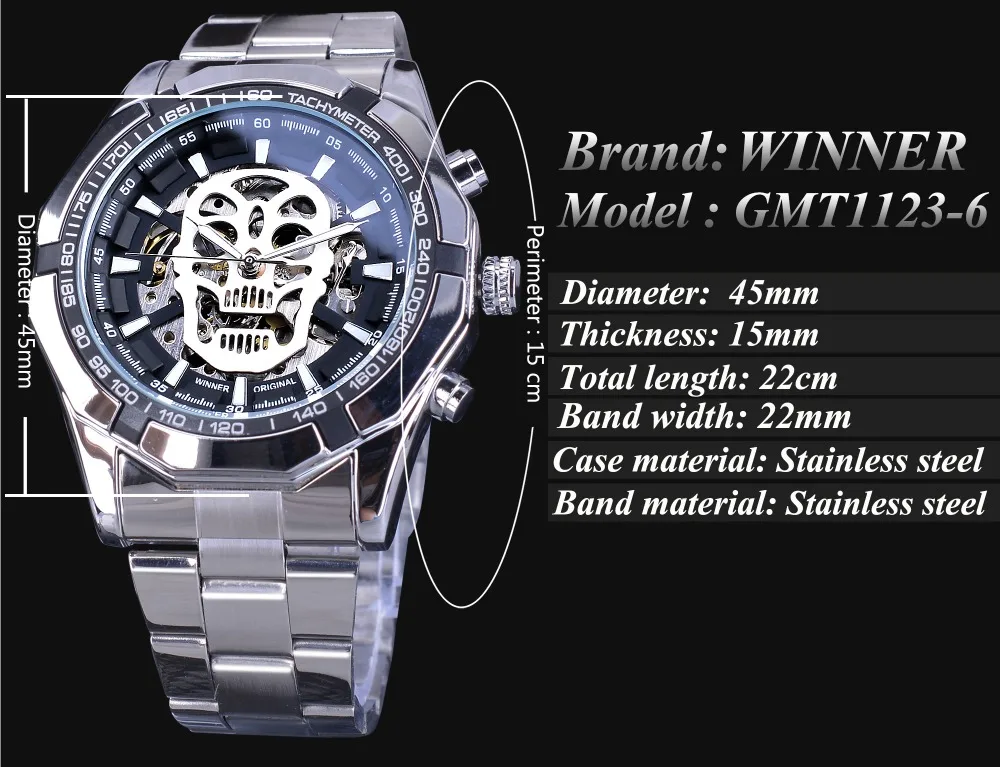 Winner Black Silver Clock Steampunk Skull Design Luminous Hands Automatic Transparent Watches for Men Top Brand Luxury