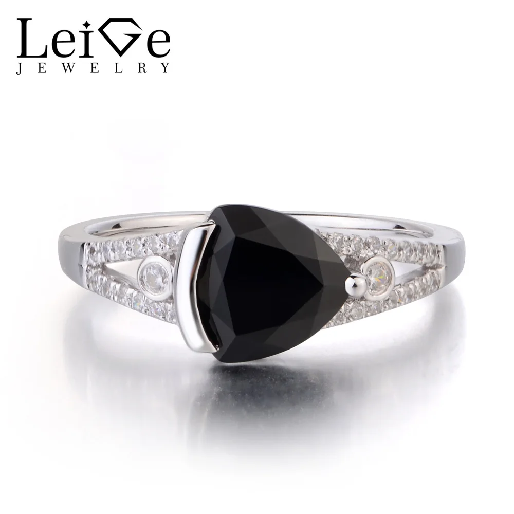 

Leige Jewelry Real Natural Black Spinel Solid 925 Sterling Silver Ring Black Gemstone Trillion Cut Anniversary Rings for Women