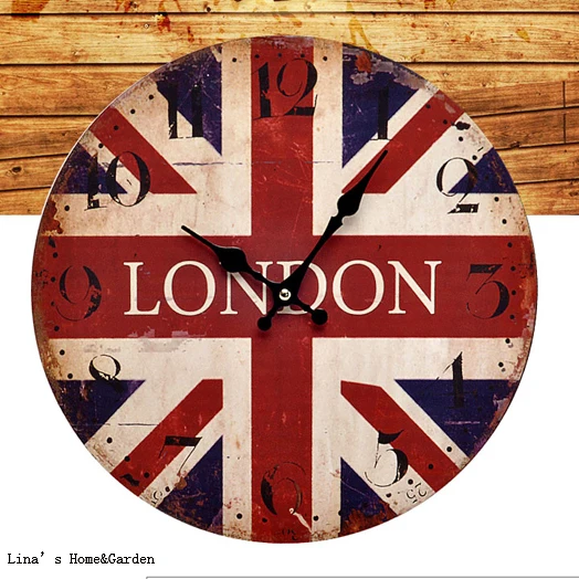 

LONDON wooden round rustic vintage looking clocks