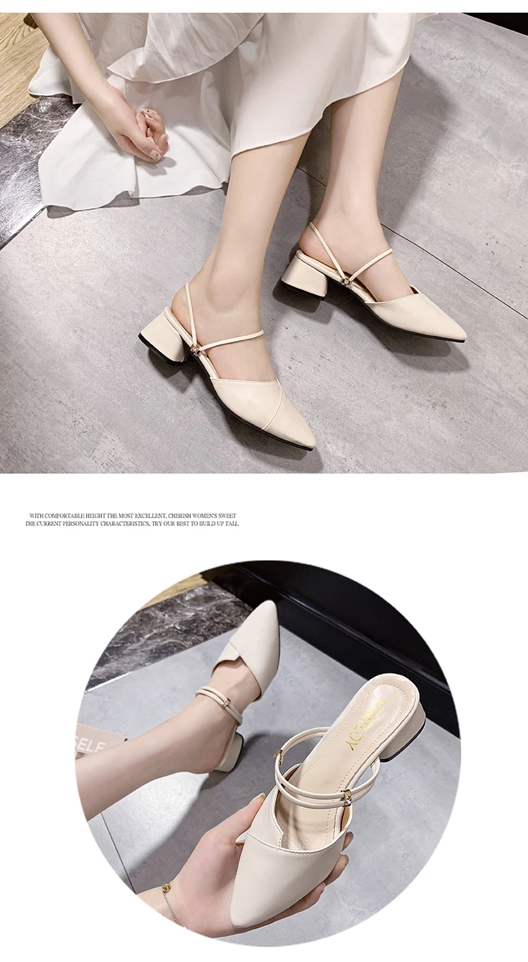 Party Women Mules Slipper Pointed Toe Block Strap Closed Shallow High Heels Shoes Sandals Black Beige Square heel Pumps