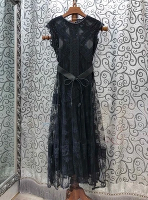 black Красное, черное, кружевное длинное платье, летние модные вечерние платья с круглым вырезом, изысканное платье с вышивкой, фестиваль - Цвет: black