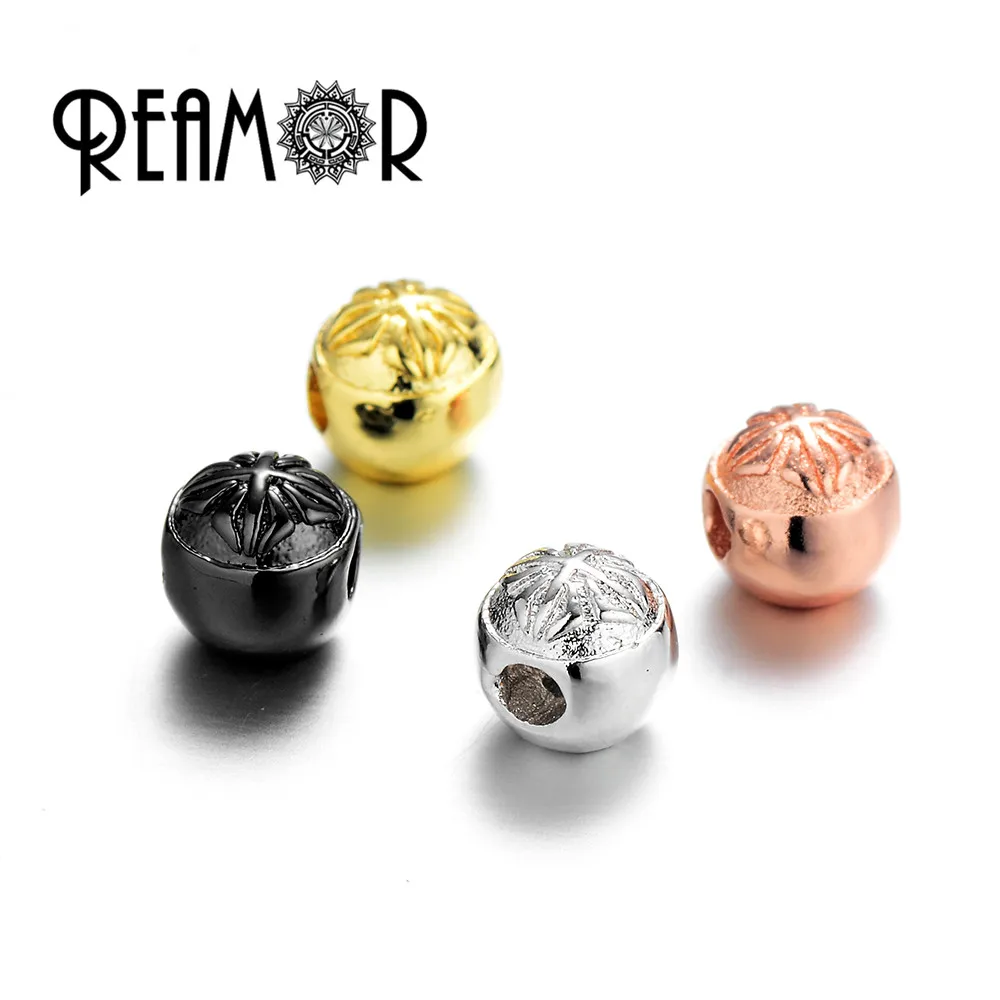 REAMOR Fashion DIY Round Lucky Four-leaf Clover CZ Flower Beads For Jewelry Making Black Spacer Copper Bracelet Finding | Украшения и