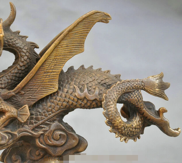 Китайская Бронзовая статуя Fengshui 10 дюймов Крылатый летающий дракон на огне облако