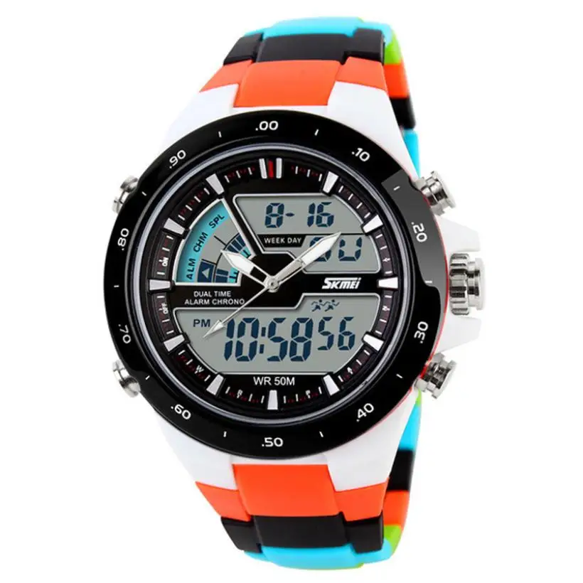 Orange Colorful SKMEI Модные Простые спортивные часы мужские часы 5 бар водонепроницаемые уличные наручные часы двойной дисплей Цифровые мужские часы Relogio Masculi - Цвет: Orange Colorful