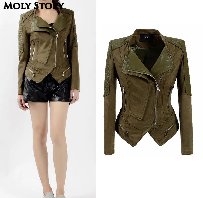 Motorcycle Plus Size 6XL Army Green Suede Patchwork Leather Jackets Women Oversized PU Jackets Steampunk Coat