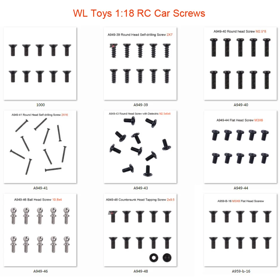 WLtoys 1:18 RC автомобиль запасные Запчасти винт A949 39 для 48 M2X7 M2.5X8 M2X16 M2.5X6X6 M3X6 M10.8X4 M2X6