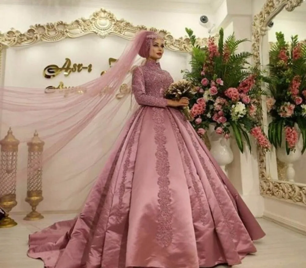 Dust Pink Islamic Muslim Arabian Wedding Dress with Long Sleeves High Neck Ball Gown Dubai Kaftan Arabic Bridal Gowns Satin 2020 | Свадьбы и