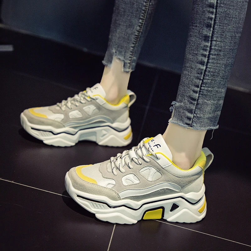 Beige Модные женские кроссовки на платформе; женская обувь; Вулканизированная Обувь На Шнуровке; женские кроссовки на высоком каблуке 5 см; кроссовки; обувь для папы - Цвет: Beige