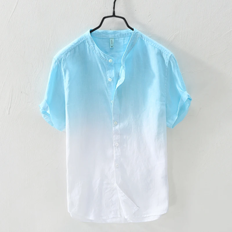 

New designer stand collar gradient linen shirts men brand fashion short-sleeved flax shirt mens breathable shirts male overhemd