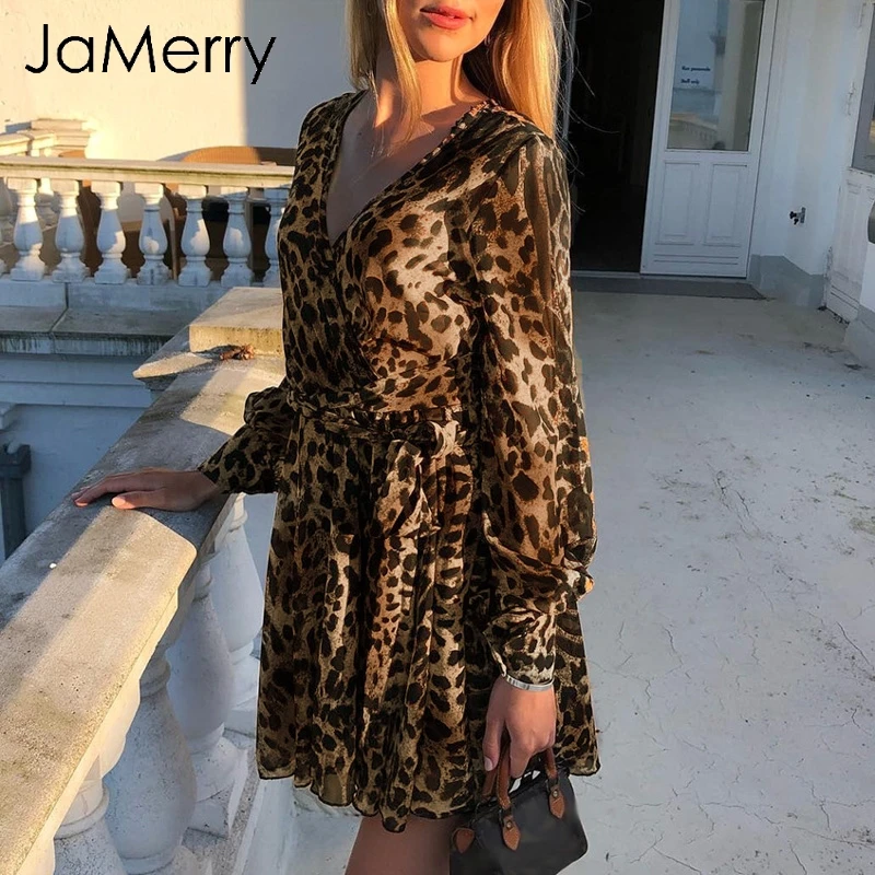 JaMerry зимнее платье с v-образным вырезом и леопардовым принтом женский пояс