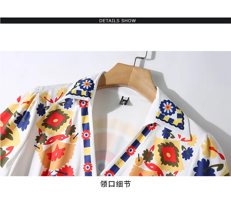 M-XXL Весна Лето Женское платье Красочные Геометрический текстильный принт белое платье с поясом на талии с v-образным вырезом 3/4 рукав длинное платье