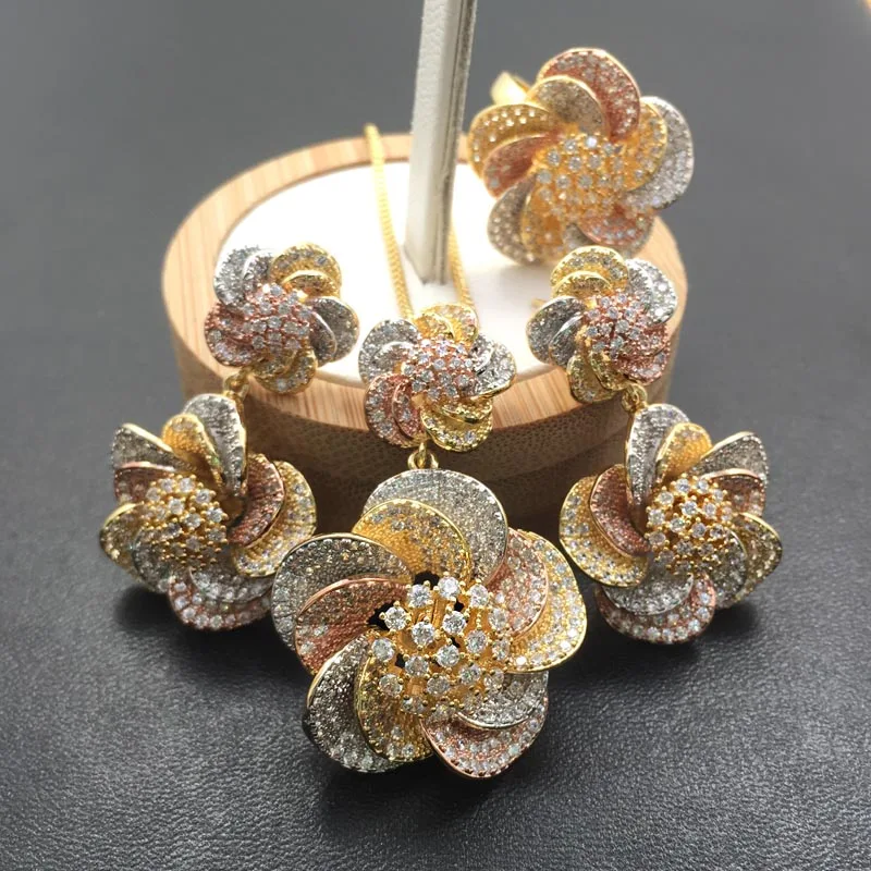 mix gold Plated Lanyika, ювелирный набор, яркая спираль, стерео, цветы, ожерелье с серьгами и кольцом, кубический циркон, микро проложили, вечерние, подарок для невесты - Окраска металла: mix gold Plated