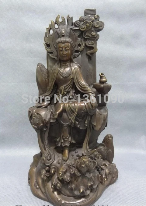 

xd 00376 13" China Pure Bronze Lotus Hill Kwan-Yin Quan Yin Bowl Buddha Statue