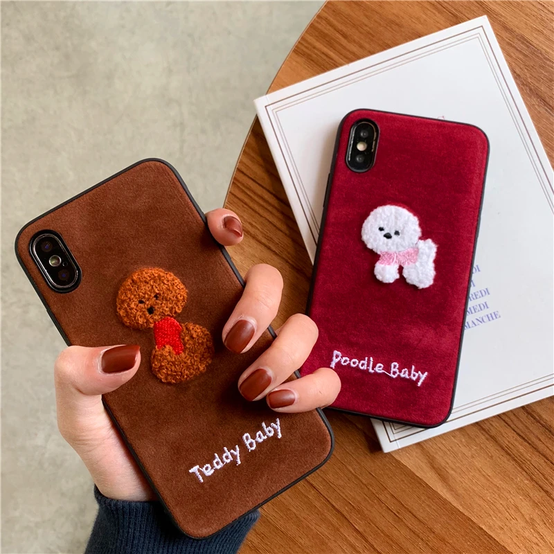 brownish red embroidery leather 3D Cute cartoon toy poodle phone Case For Apple iphone 6 6s 7 8 Plus X XS XR MAX |