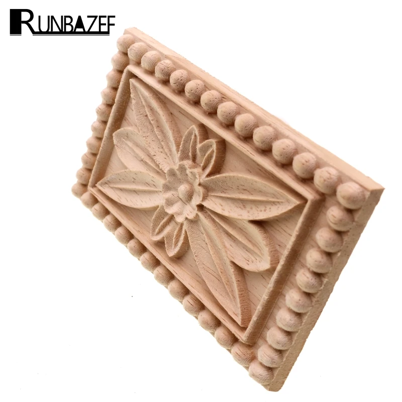 RUNBAZEF Dongyang Woodcarving Floral Decoration Style Rectangle Wood Applique Patch Carved Flower Bed Furniture Cabinet Figurine