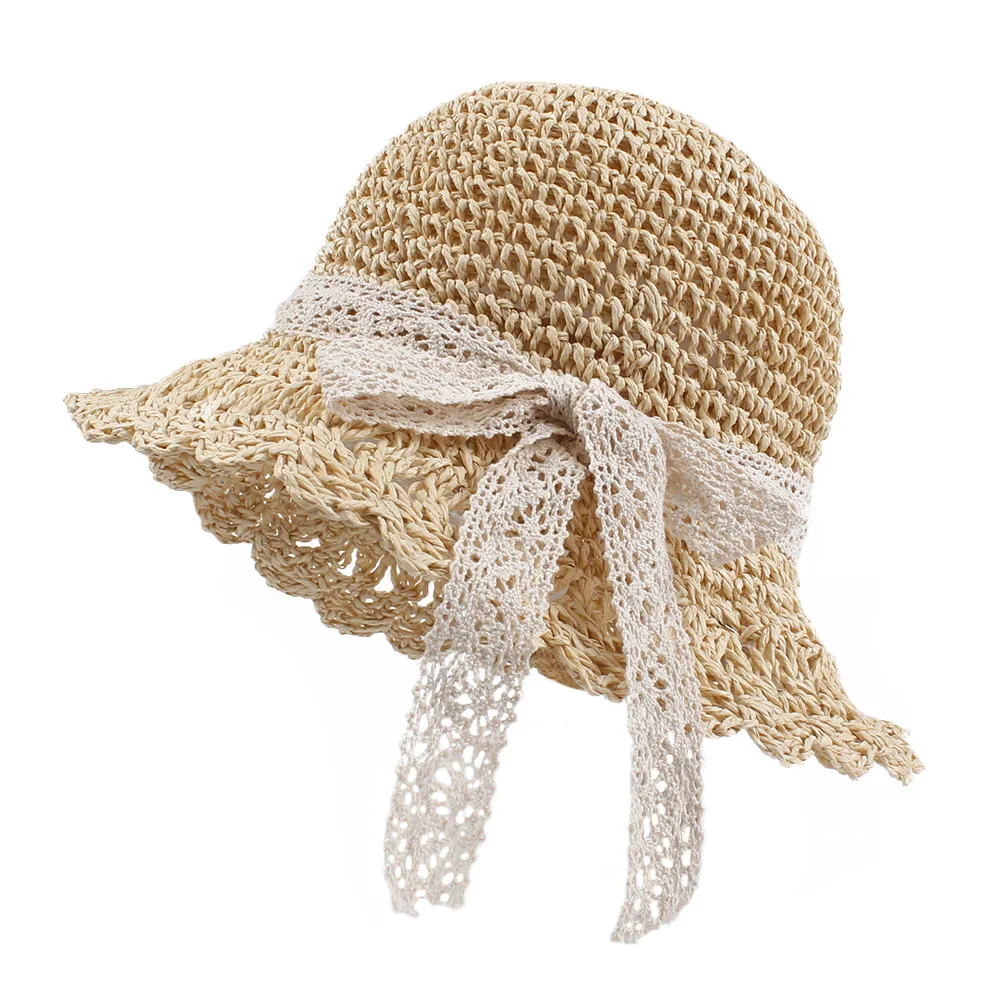 Bow Baby Girl Straw Sun Hat Breathable Cool Fedora Cap Princess Sunshade Summer Beach with Wide Brim Sweat Band and Chinstrap | Детская
