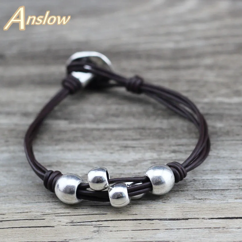 DK Coffee Anslow Простые Модные ювелирные изделия серебряные бусы кожаные браслеты для мужчин Дружба Пара мужские вечерние аксессуары подарок LOW0739LB - Окраска металла: DK Coffee