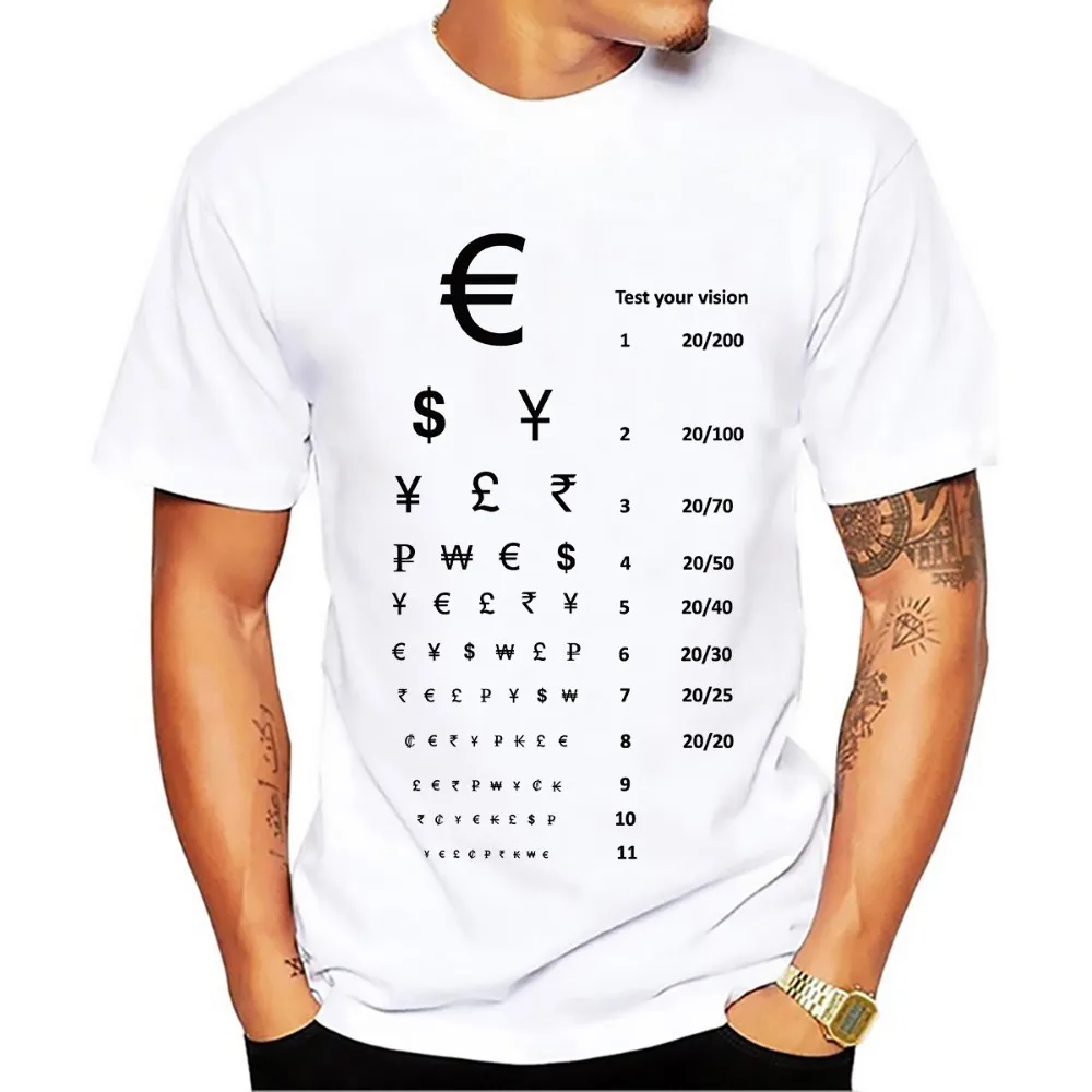 Currency symbol Visual acuity chart funny tshirt men 2018 new white casual creative cool homme high definition no glue t shirt | Мужская