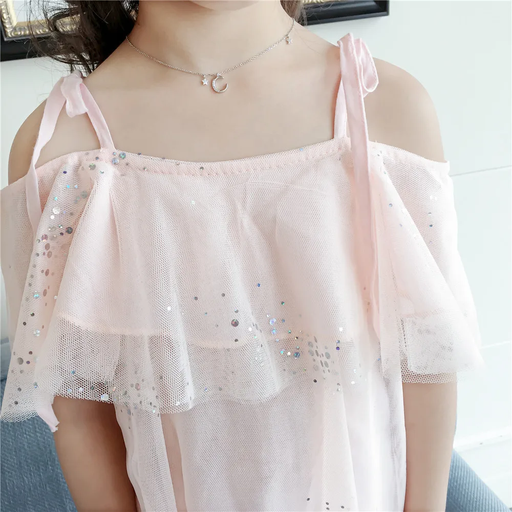 Everweekend Ins Girls Party Sequin Tulle Western Fashion Ruffles Clothes Candy Pink Halter Off Shoulder New Summer Kids Dress | Детская