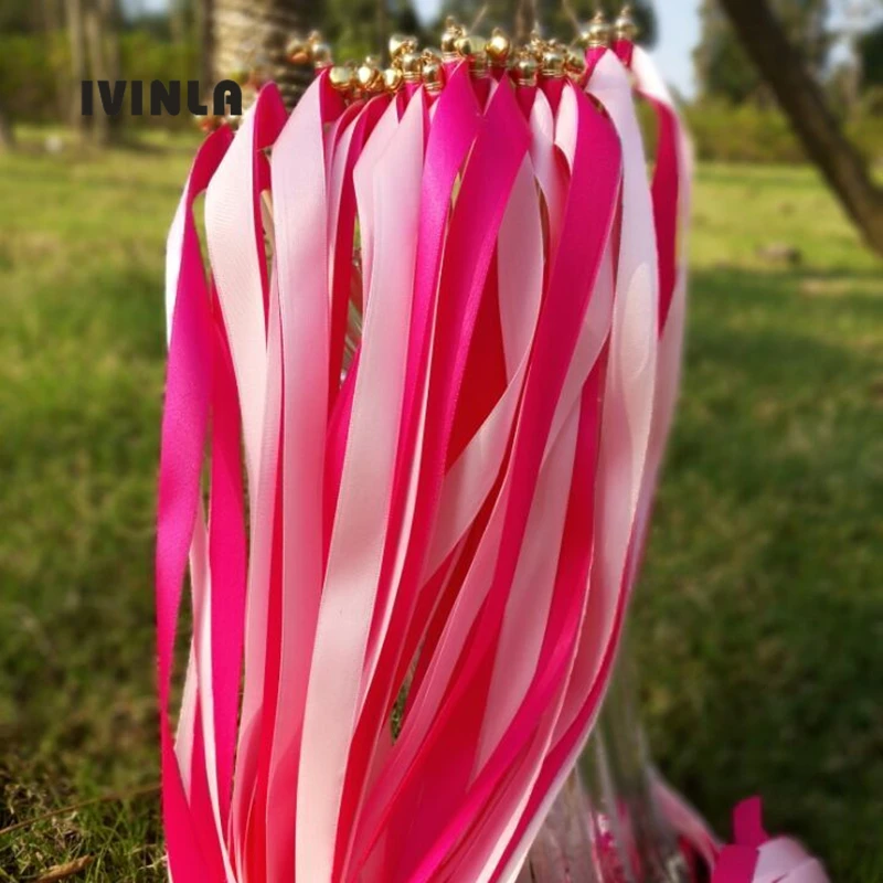 50 шт./лот fushia и розовая лента свадебные палочки с золотыми колокольчиками для