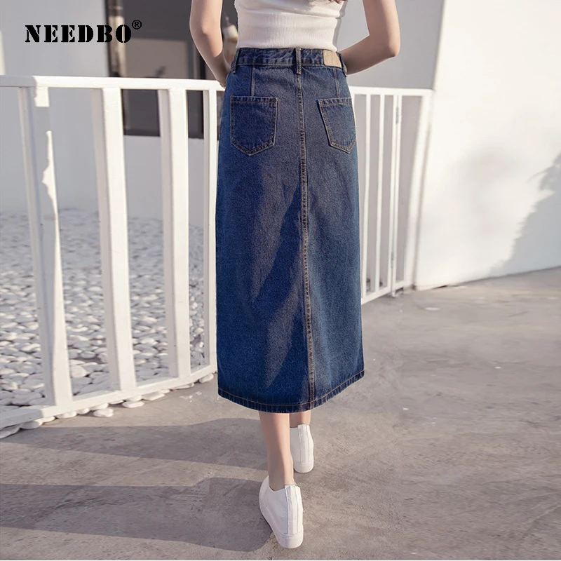 NEEDBO, женские юбки, джинсовая, повседневная, длинная, джинсовая миди юбка, тонкие, сексуальные, вечерние, джинсовая юбка, повседневная, высокая талия, миди, юбки, Jupe Femme