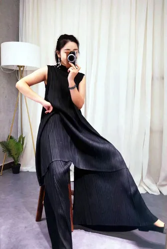 black SuperAen Модные женские двухсекционные новые летние модные повседневные топы без рукавов Большие Размеры европейские длинные штаны женские комплекты - Цвет: black