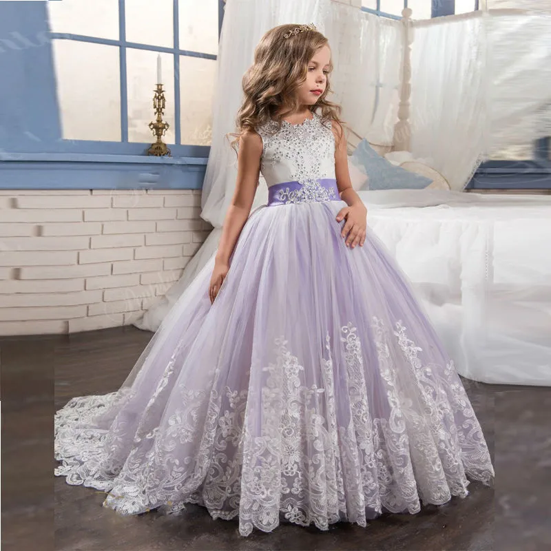 

Flower Girl Dresses With Bow Beaded Crystal Lace Up Applique Ball Gown First Communion Dress for Girls Customized Vestidos Longo