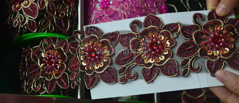 15 ярдов Гипюр Вышивка Кружева блесток ткань с жемчугом жаккардовая Лента