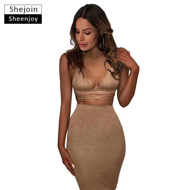 ShejoinSheenjoy Лето 2 шт. платье Sexy V средства ухода за кожей Шеи блестящая бандажная