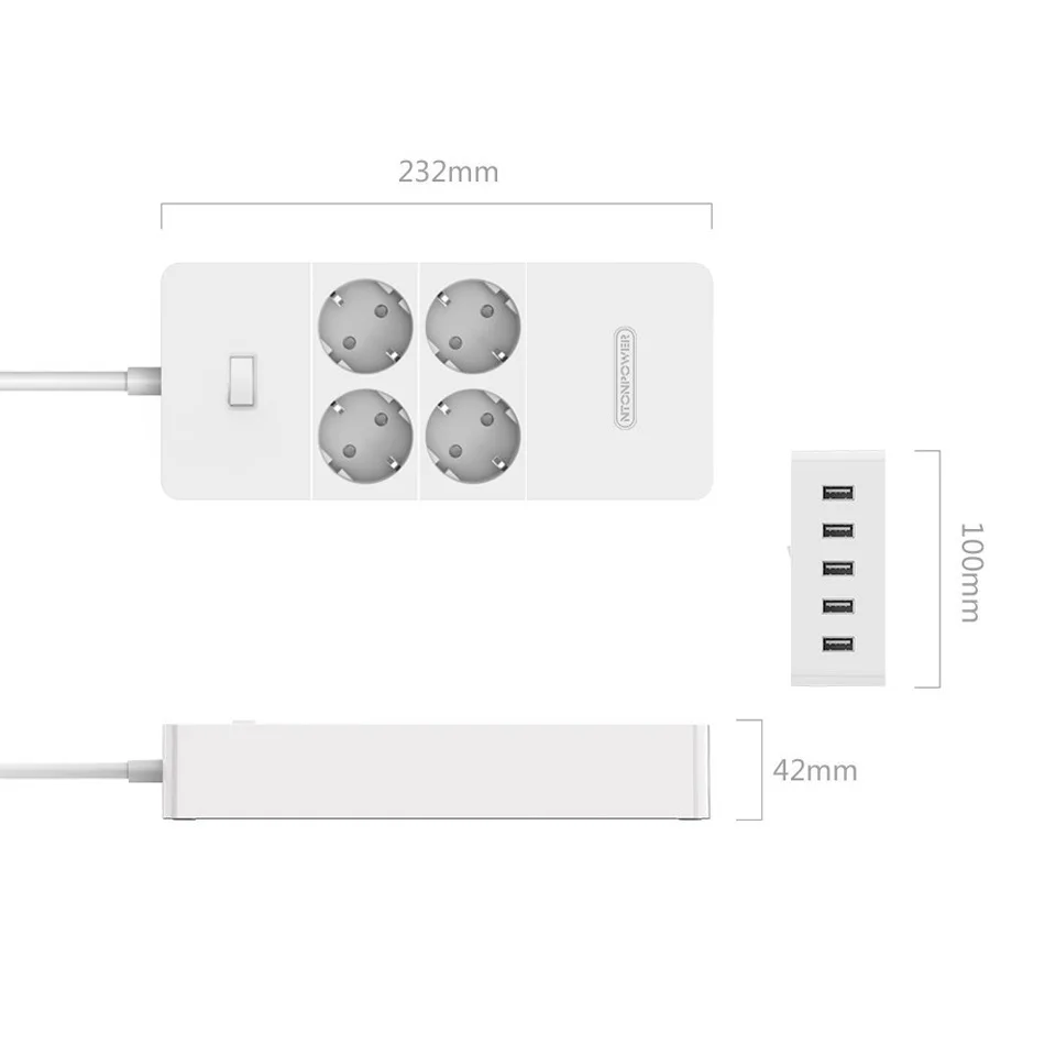 NTONPOWER HPC USB электрическая розетка с европейской вилкой удлинитель 4 розетки переменного тока защита от перенапряжения с 5 портами usb 2,4 А Максимальная умная зарядка