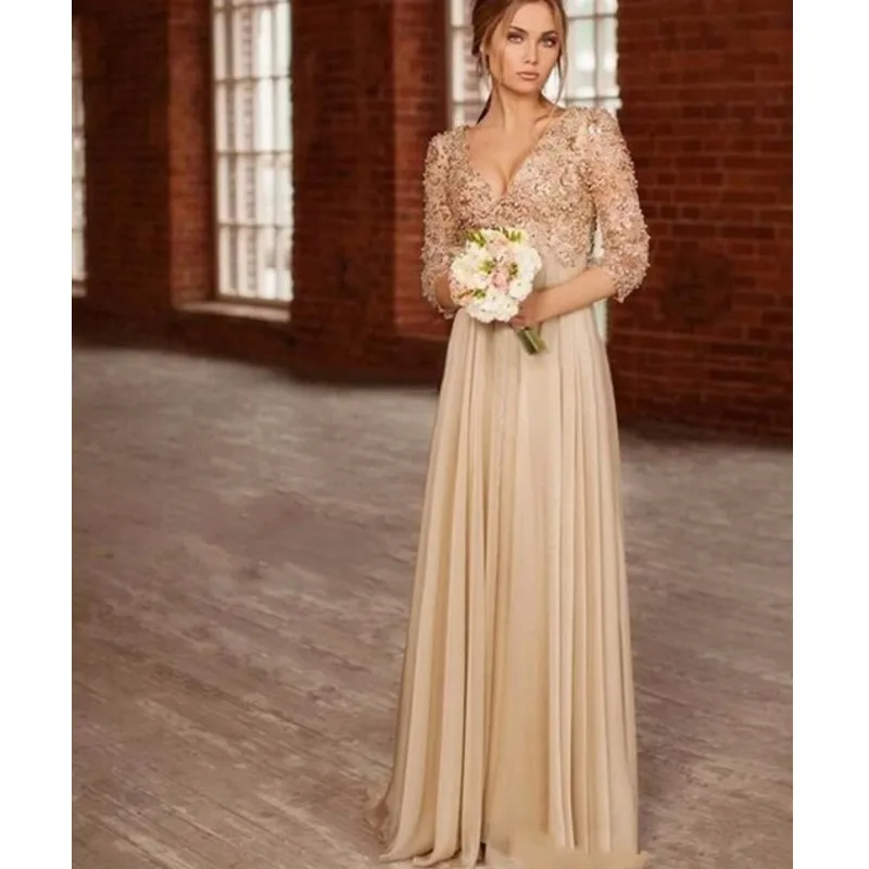 Шампанское Длинное Платье Шифон Материнства Вечерние Платья Вечернее Кружева