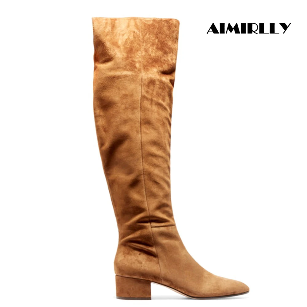 Женские ботфорты выше колена на квадратном каблуке со скрытой боковой молнией из