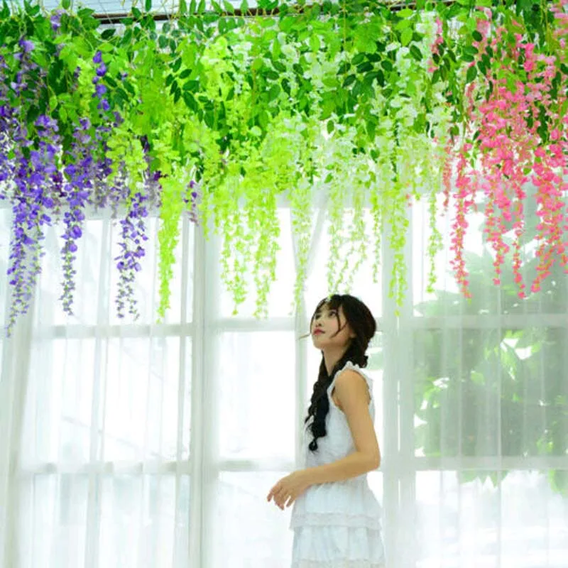 12 шт. искусственная шелковая Глициния лист висящий цветок Плющ гирлянда Лоза