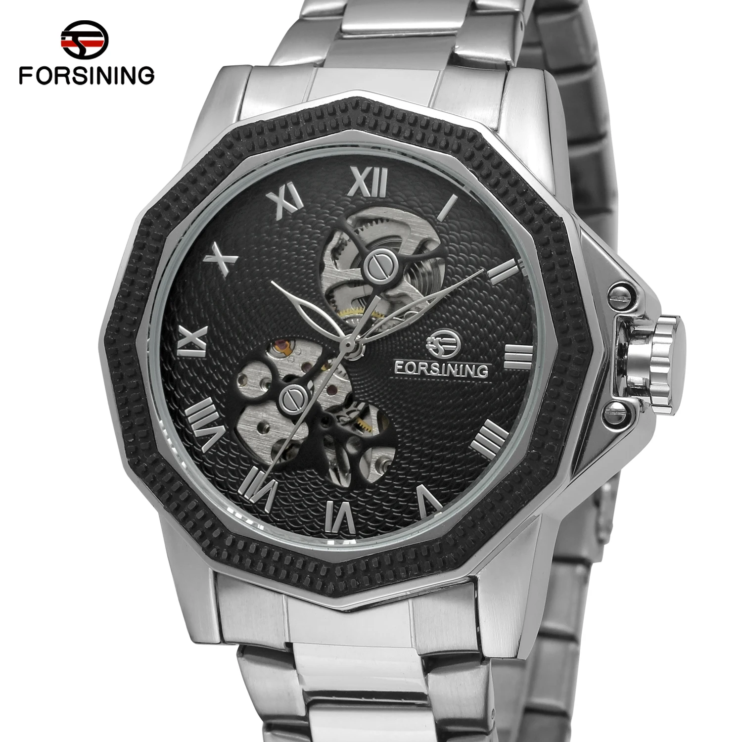 

Forsining Top Brand Luxury Men Automatic Mechanical Wrist Watch Stainless Steel Skeleton Clock For Man Clocks Relogio Masculino