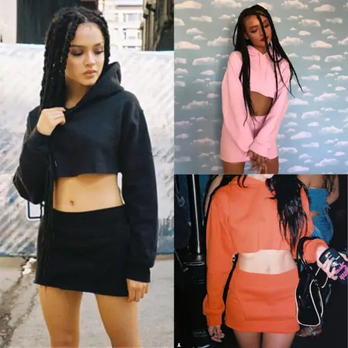 

2PCS Women Hoodie long sleeve Sweater Crop Tops and Pocket Pencil skirt dress set