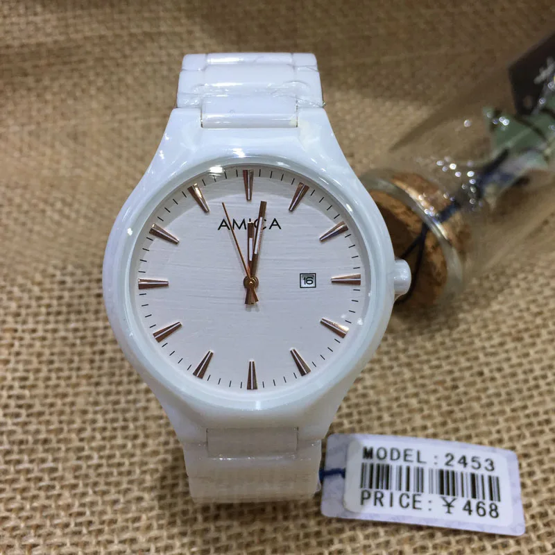 rose gold AMICA Модные женские керамические водонепроницаемые кварцевые часы женские подарочные часы Relogio Feminino 2453 - Цвет: rose gold