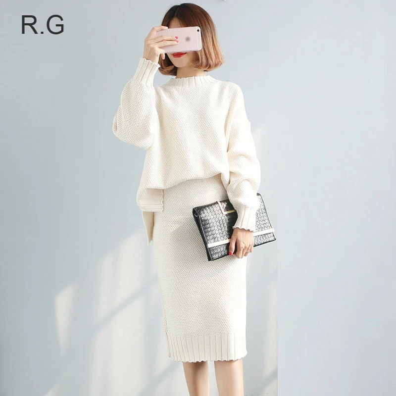 

RG Women 2 Pieces Sweater Dress Set Knitting Long Sleeve Office Wear Black White Red Pullover Knitted Skirt Clothing Suit 2018