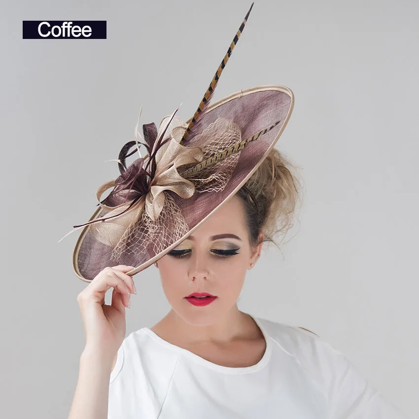 coffee Супер Большое винтажное украшение с перьями Sinamay Hat Hairband Мода для женщин Sinamay повязки на голову чайные вечерние свадебные головные уборы - Цвет: coffee