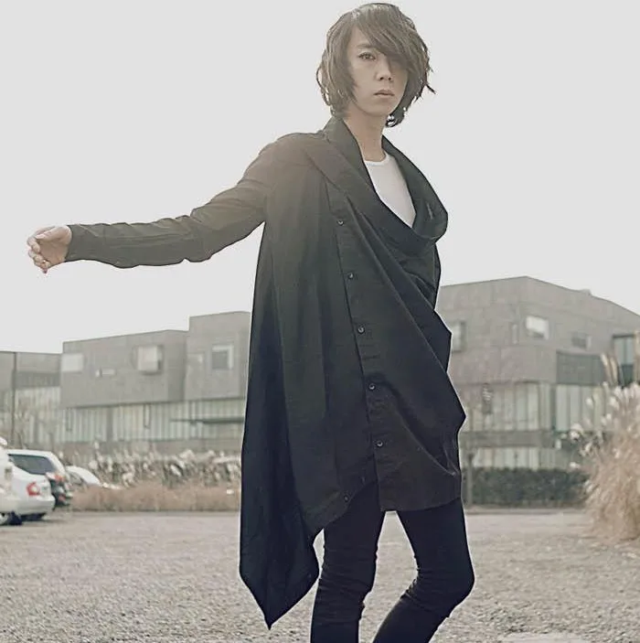 Мужская рубашка с длинным рукавом асимметричная черная весна-осень 2019 | одежда