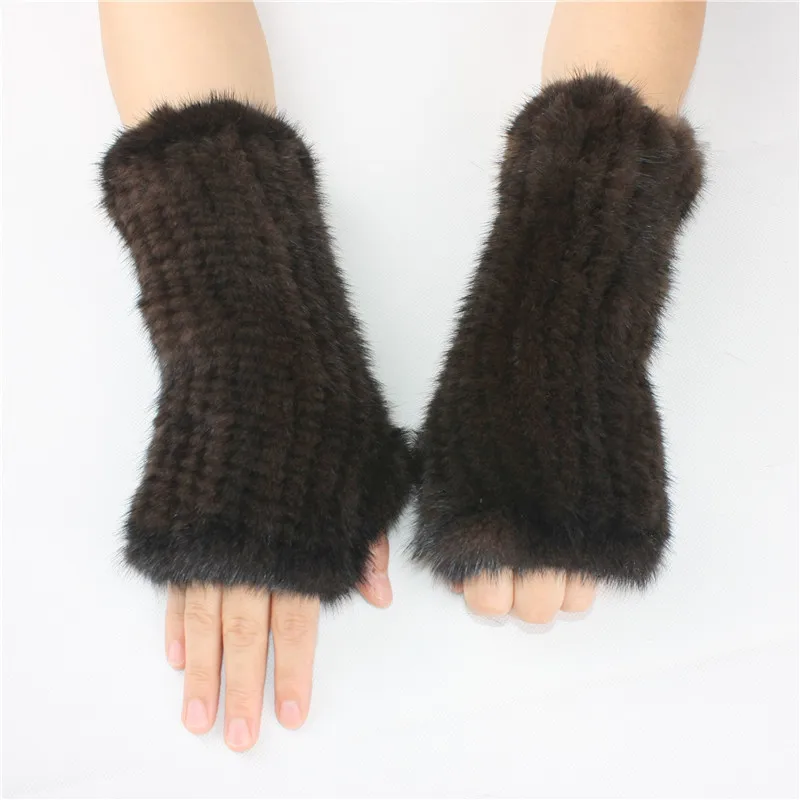 LIYAFUR Women's Real Genuine Knitted Mink Fur Winter Fingerless Gloves Elastic Net Mittens Arm Warmer Black Coffee | Аксессуары для
