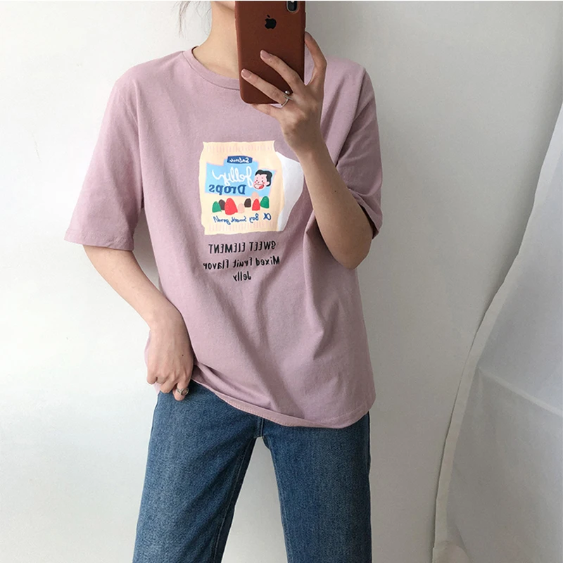 Женская Одежда Японские закуски мультфильм печати Топы И Футболки Сладкий