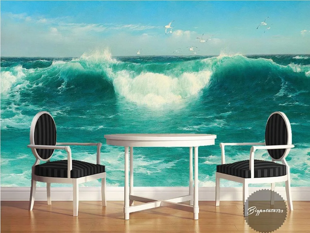 3D обои на заказ синее небо белые облака зеленые морские воды волны морской вид